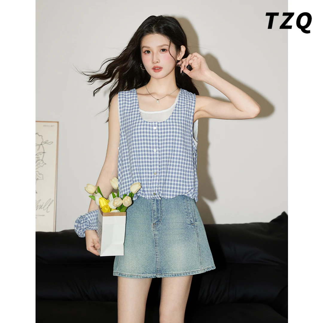 蓝色格纹背心拼接内搭假两件上衣女夏季韩系休闲无袖衬衫TZQ0016