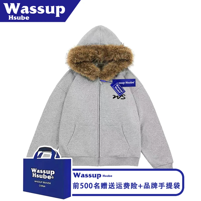 WASSUP HSUBE毛绒连帽男女卫衣简约印花拉链外套秋季浅灰设计开衫
