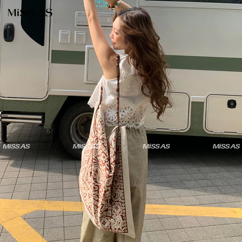 【ODTD】艺术印花法式度假串珠带方形单肩包女25春夏新款