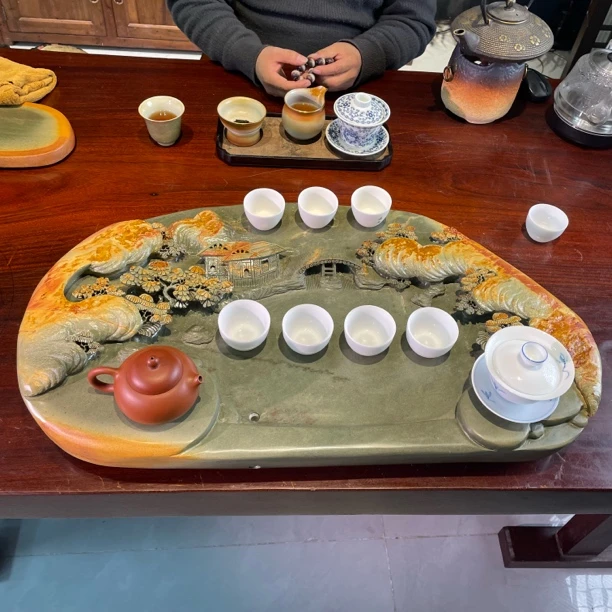 短砚石手工雕刻茶盘