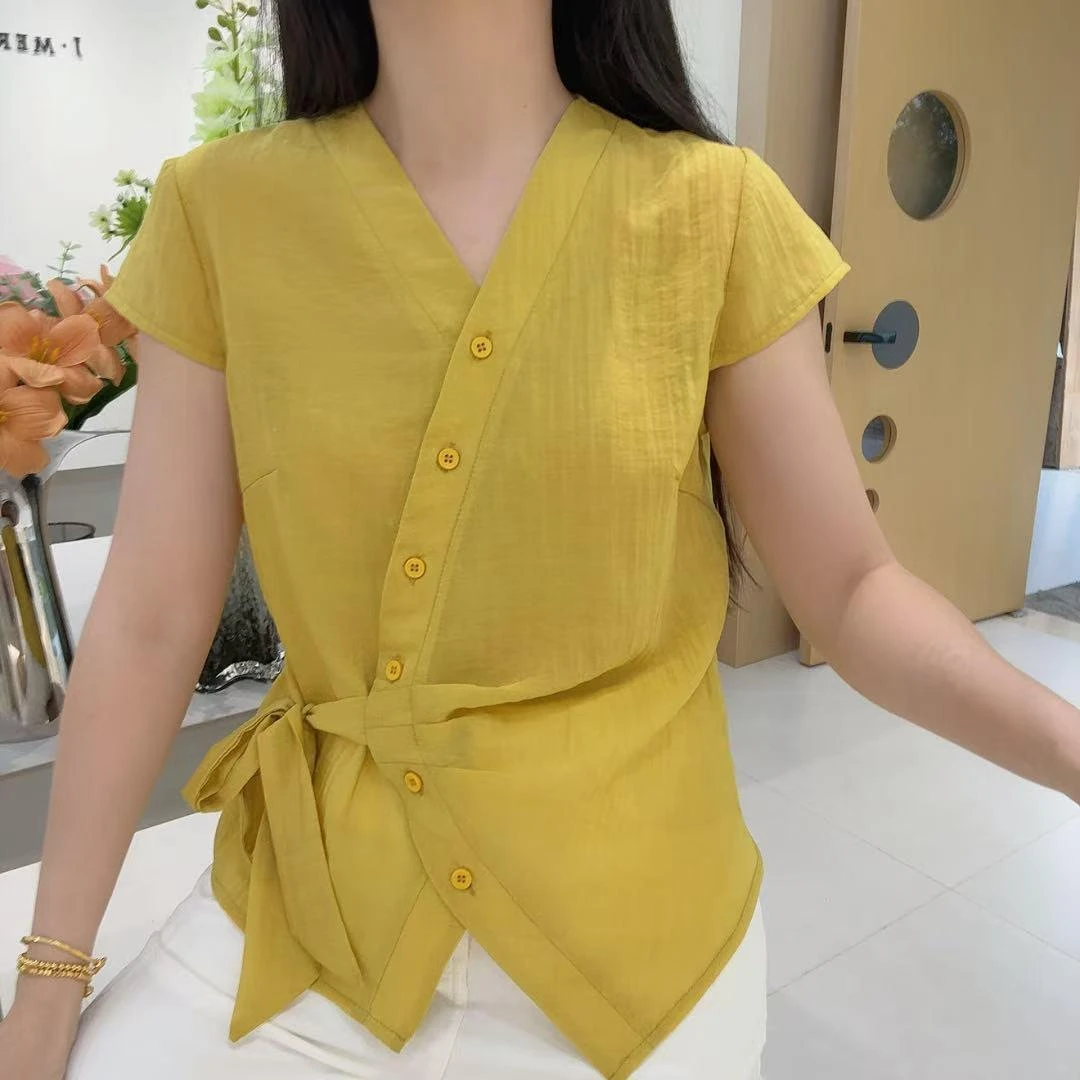 2025夏季新款韩系气质V领小衫系带收腰显瘦短袖衬衫上衣