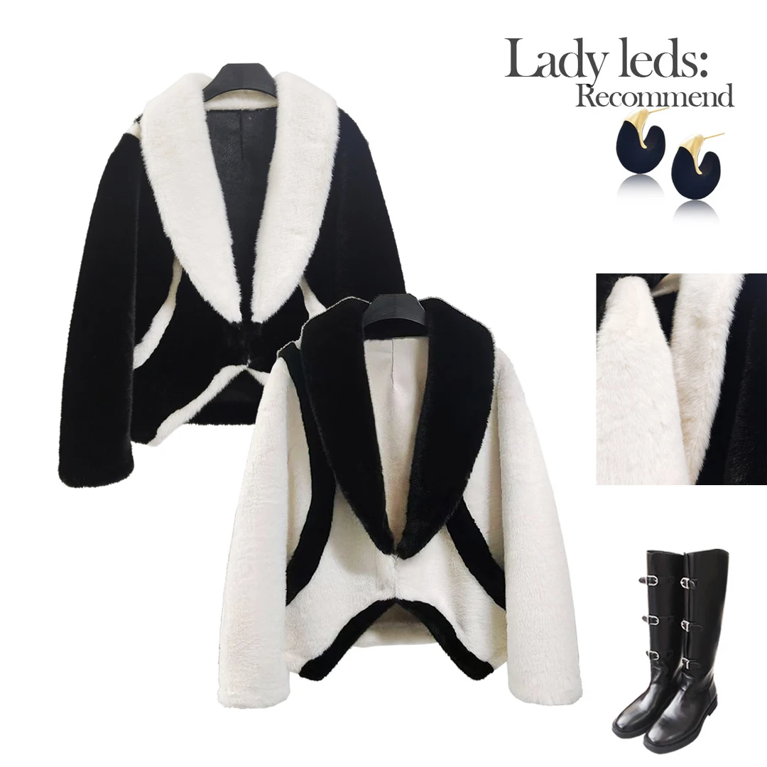 LEDS 28021（28201）冬季新款气质百搭黑白撞色短款毛毛外套