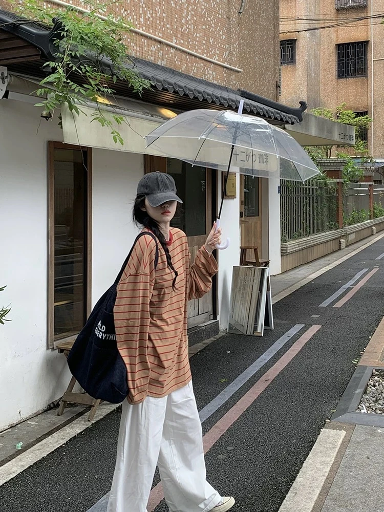 慵懒风圆领撞色减龄拼接长袖小众T恤女复古条纹宽松百搭通勤上衣