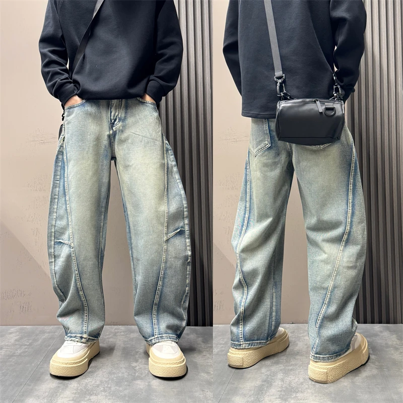 2025秋冬潮流美式水洗做旧设计感弯刀牛仔裤男痞帅宽松阔腿牛仔裤
