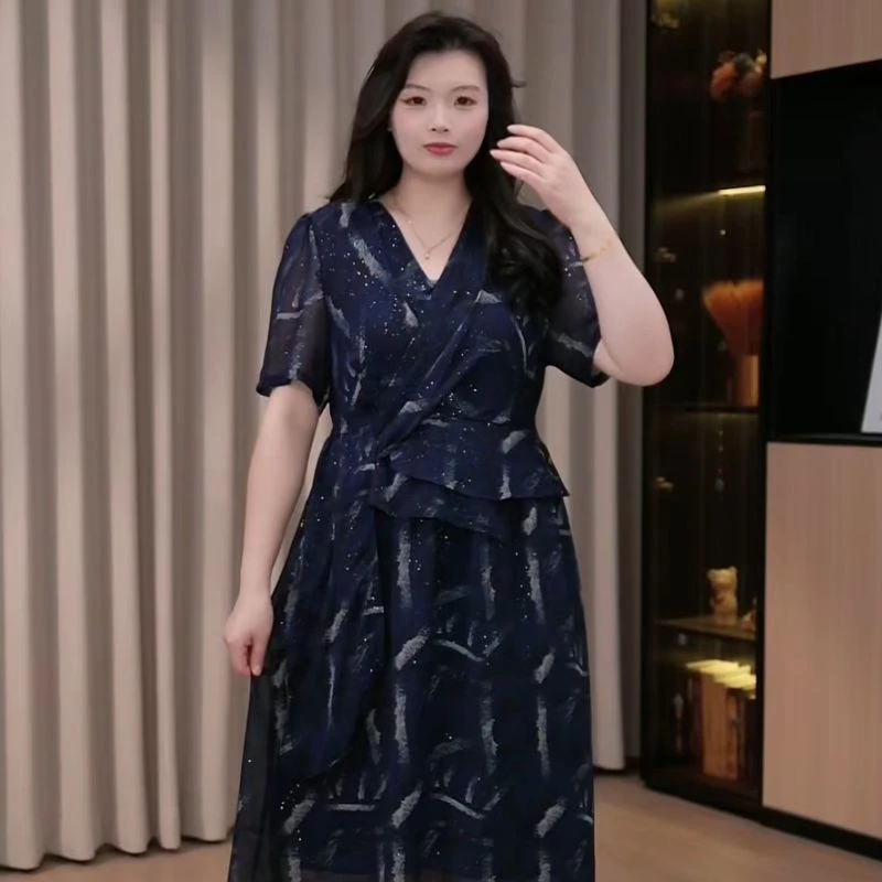 胖依依大码夏季时尚细闪气质显瘦法式遮肉连衣裙ZB7437