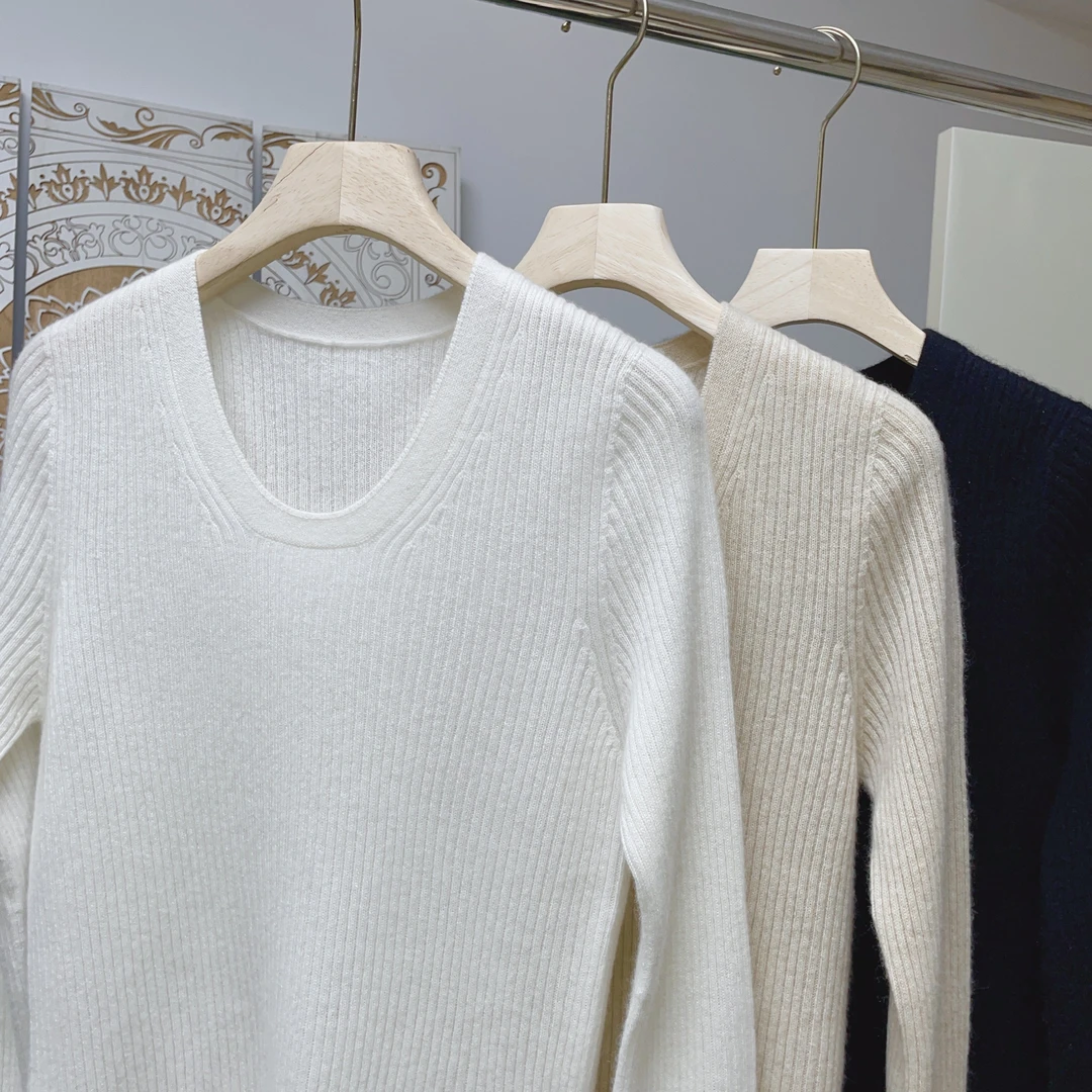 亲肤无缝一体 100纯山羊绒U领长袖保暖打底羊绒衫 针织百搭内搭