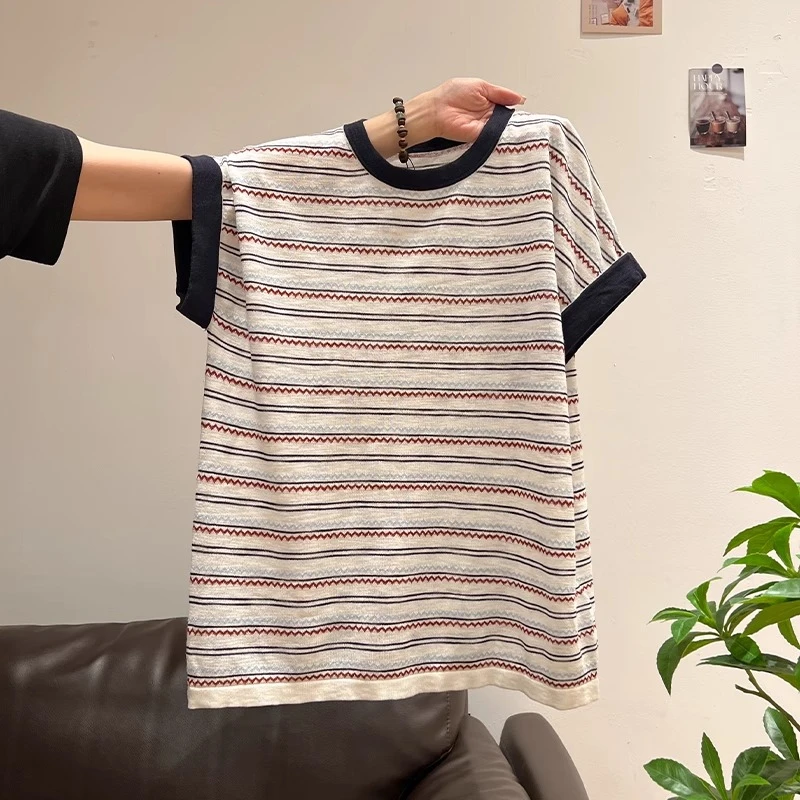 韩系圆领条纹撞色短袖T恤2025夏季新款正肩宽松显瘦慵懒感上衣女