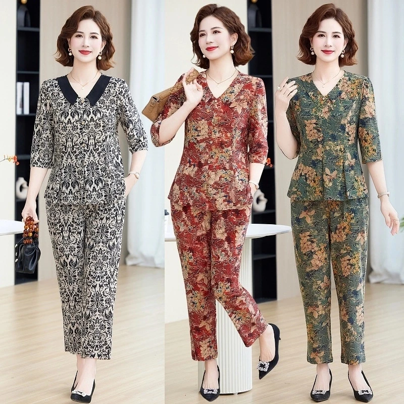 时尚中袖套装妈妈装大码女装新款夏季2025舒适显瘦两件套减龄印花