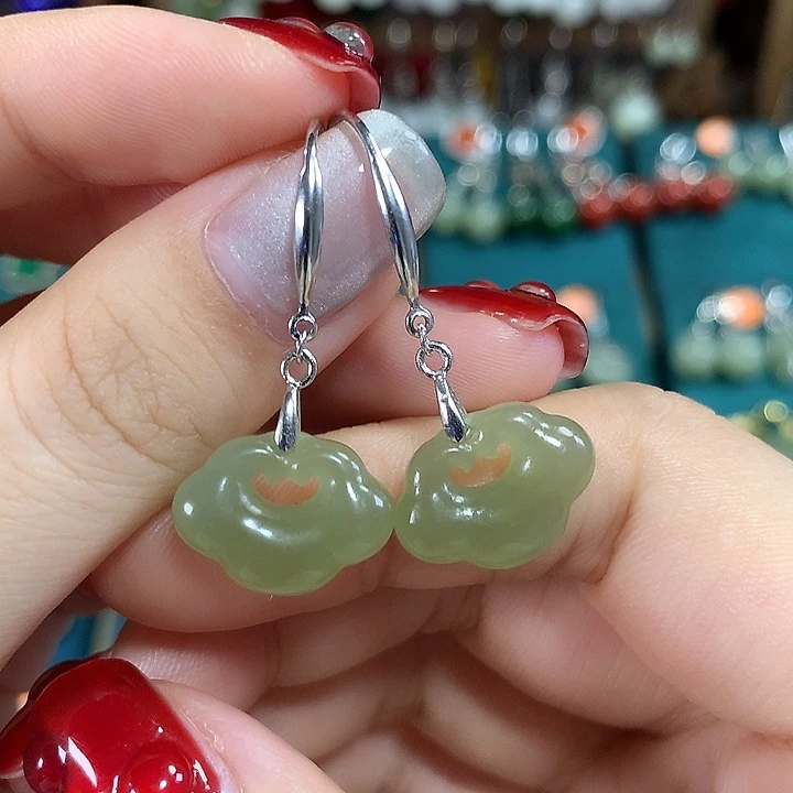 和田玉银S925镶嵌耳饰平安锁15.5*11.5左右