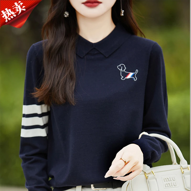2025时尚品牌新款翻领刺绣小狗长袖针织衫休闲内搭打底衫上衣秋