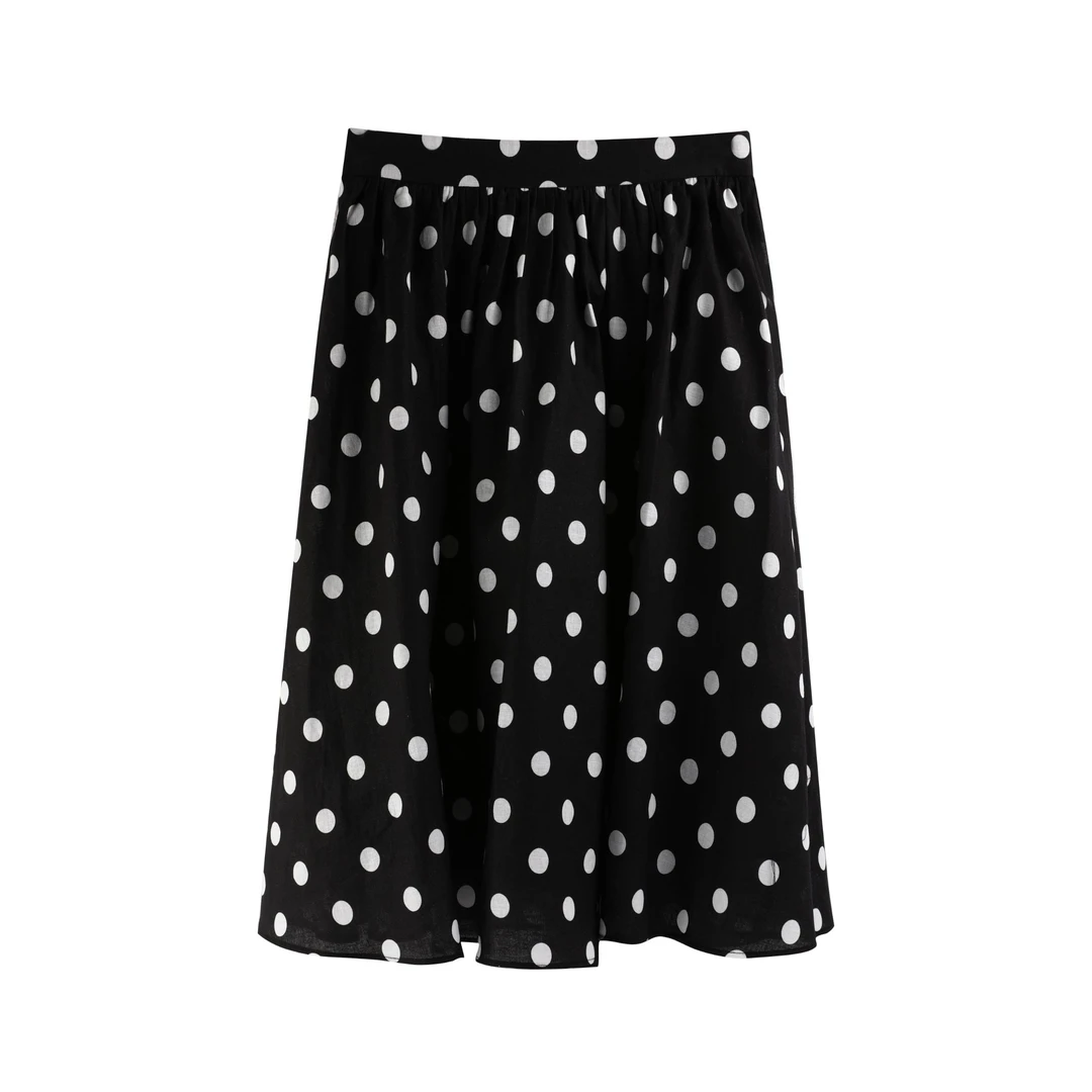 30594【朗Z订单】苎麻黑色波点a字伞摆中长款半身裙高级感半裙0103