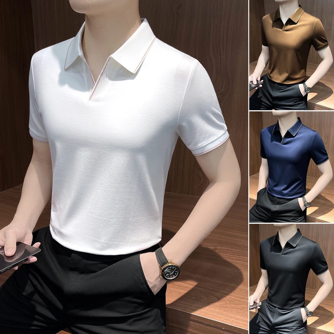 V领纯色polo衫男款爆款2025新款商务休闲男装秋季修身男士t恤短袖
