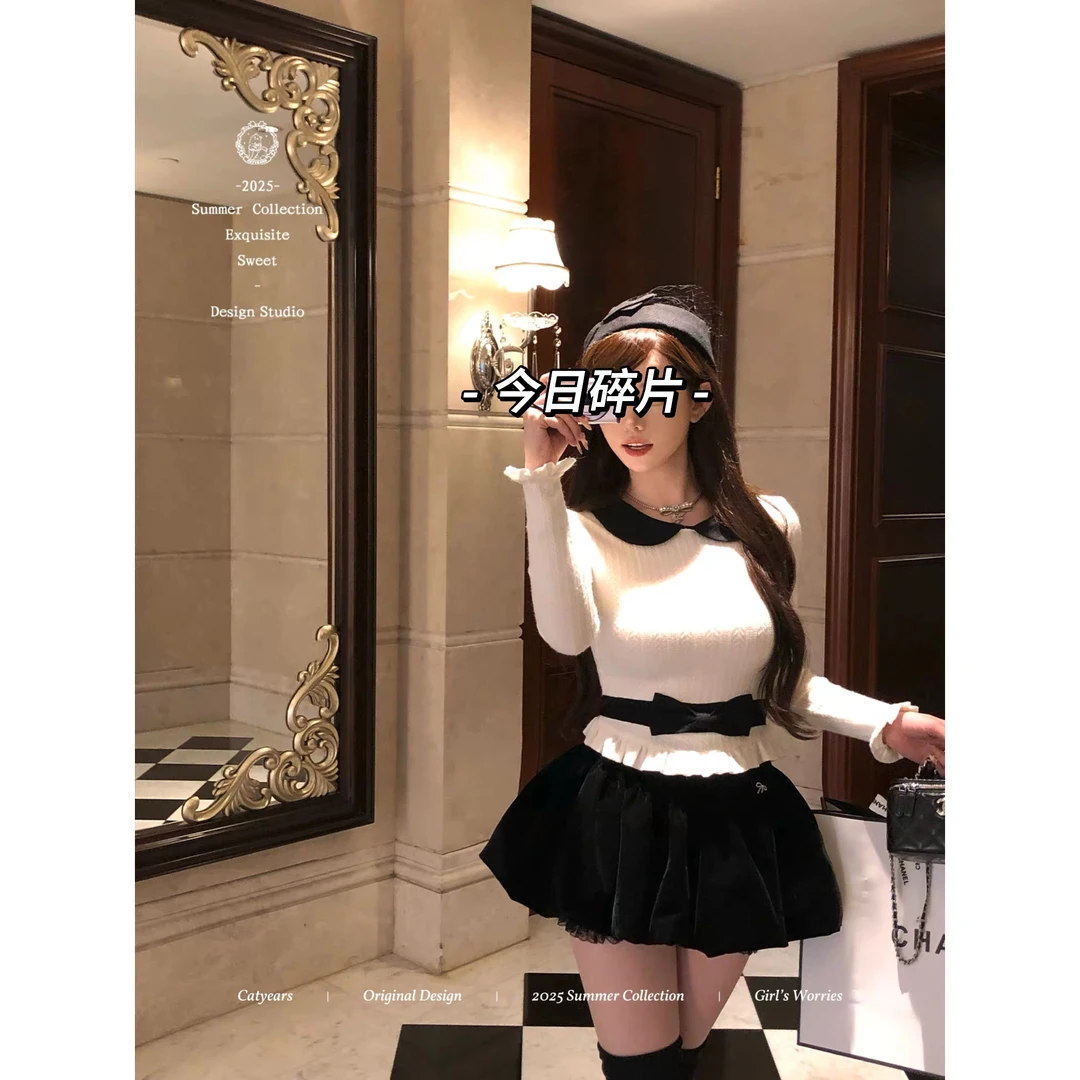 中古香香肌理感娃娃领蝴蝶结上衣+荷叶边半裙套装