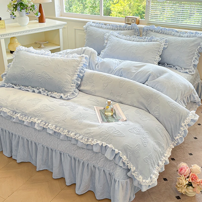 牛奶绒蕾丝花边款四件套加厚珊瑚绒床单床盖保暖毛绒被套被单粉色