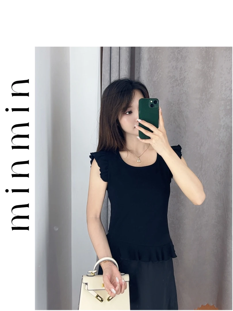 【Minmin】黑色小飞袖短袖T恤女夏新款小个子减龄方领小上衣6158