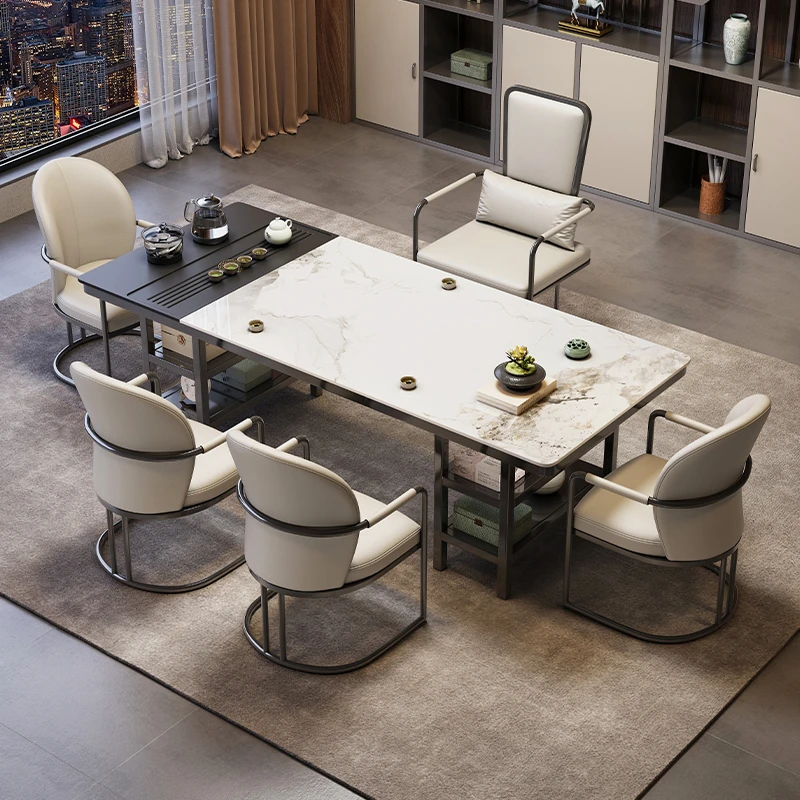 轻奢岩板茶桌大茶台简约大板泡茶桌套装现代高端办公室茶桌椅组合