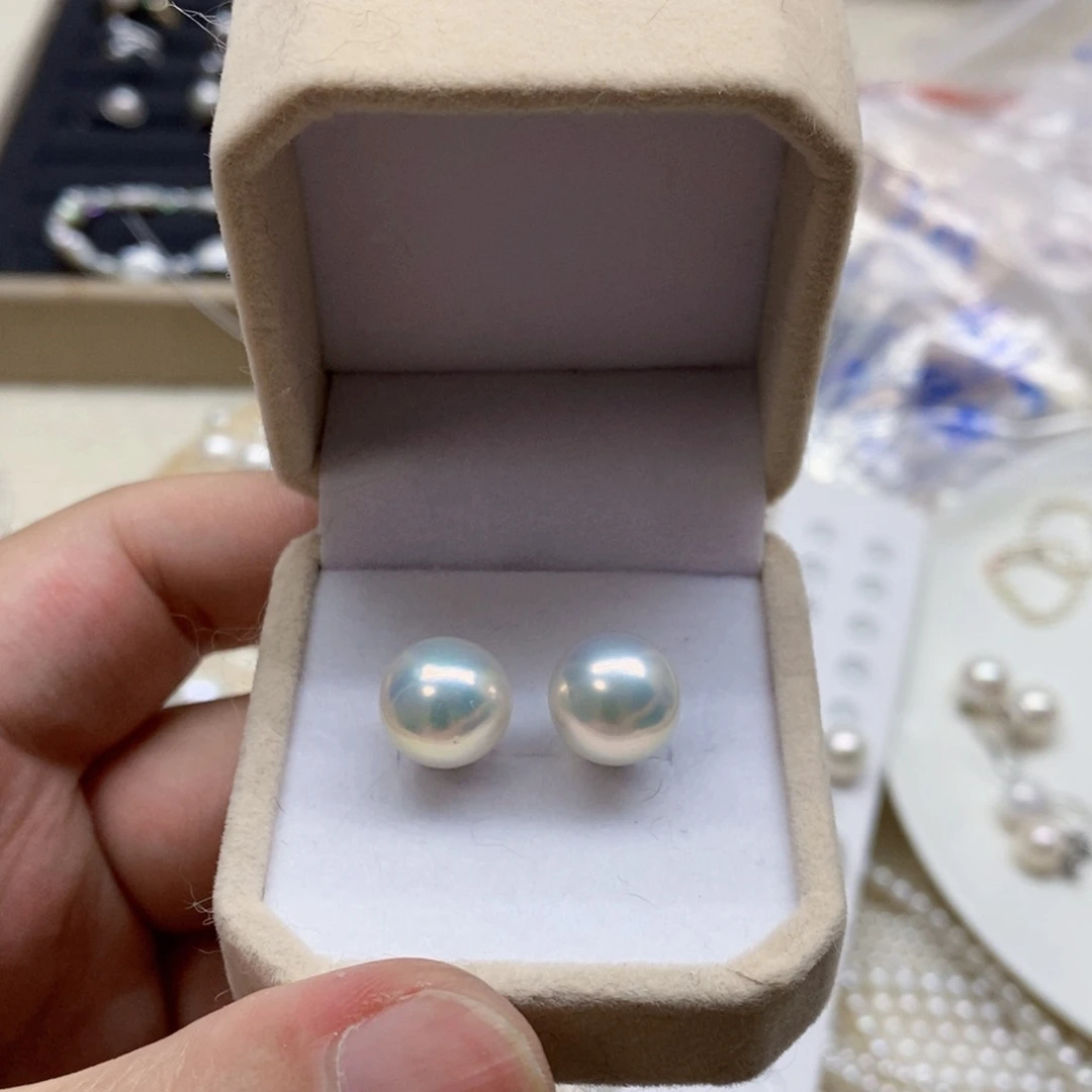 银S925镶嵌S925耳钉淡水珍珠11.3m极光蓝珍珠耳钉一对