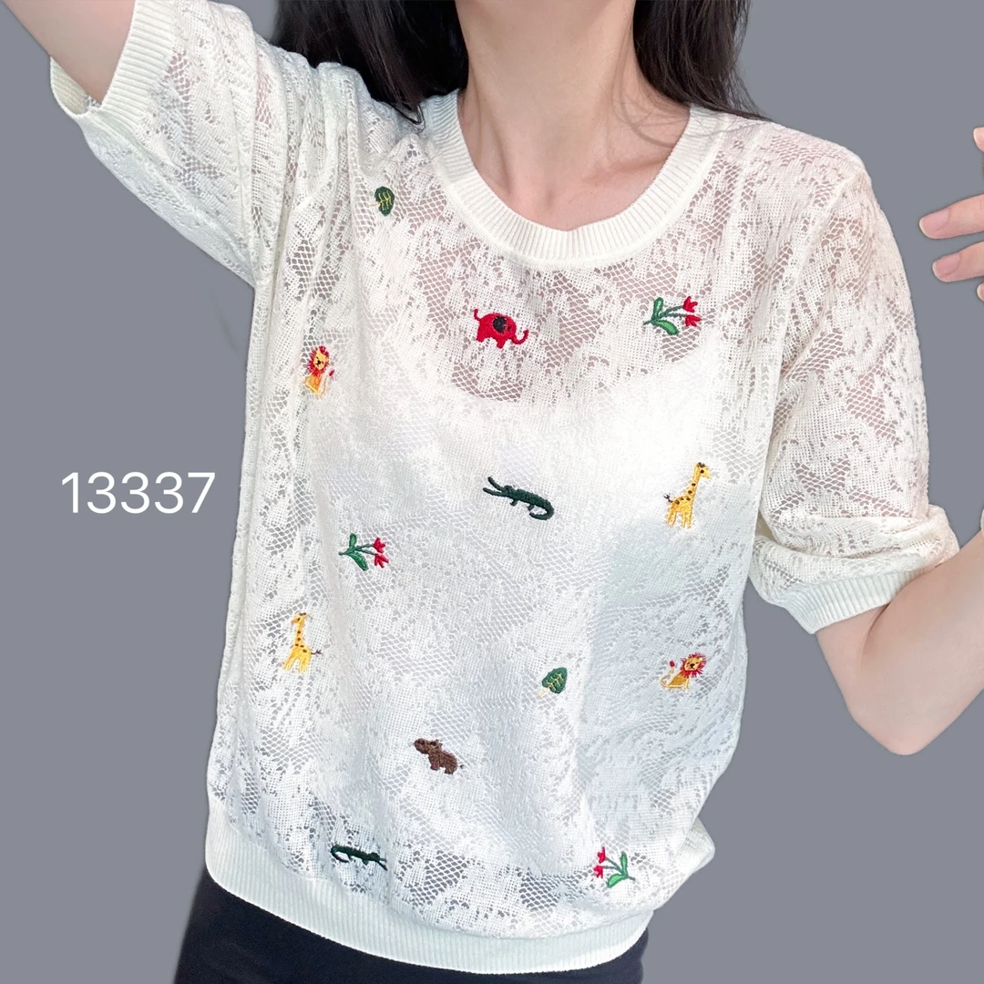 13337（部分无水洗唛，介意慎拍）CHUXUN圆领卡通刺绣蕾丝短袖