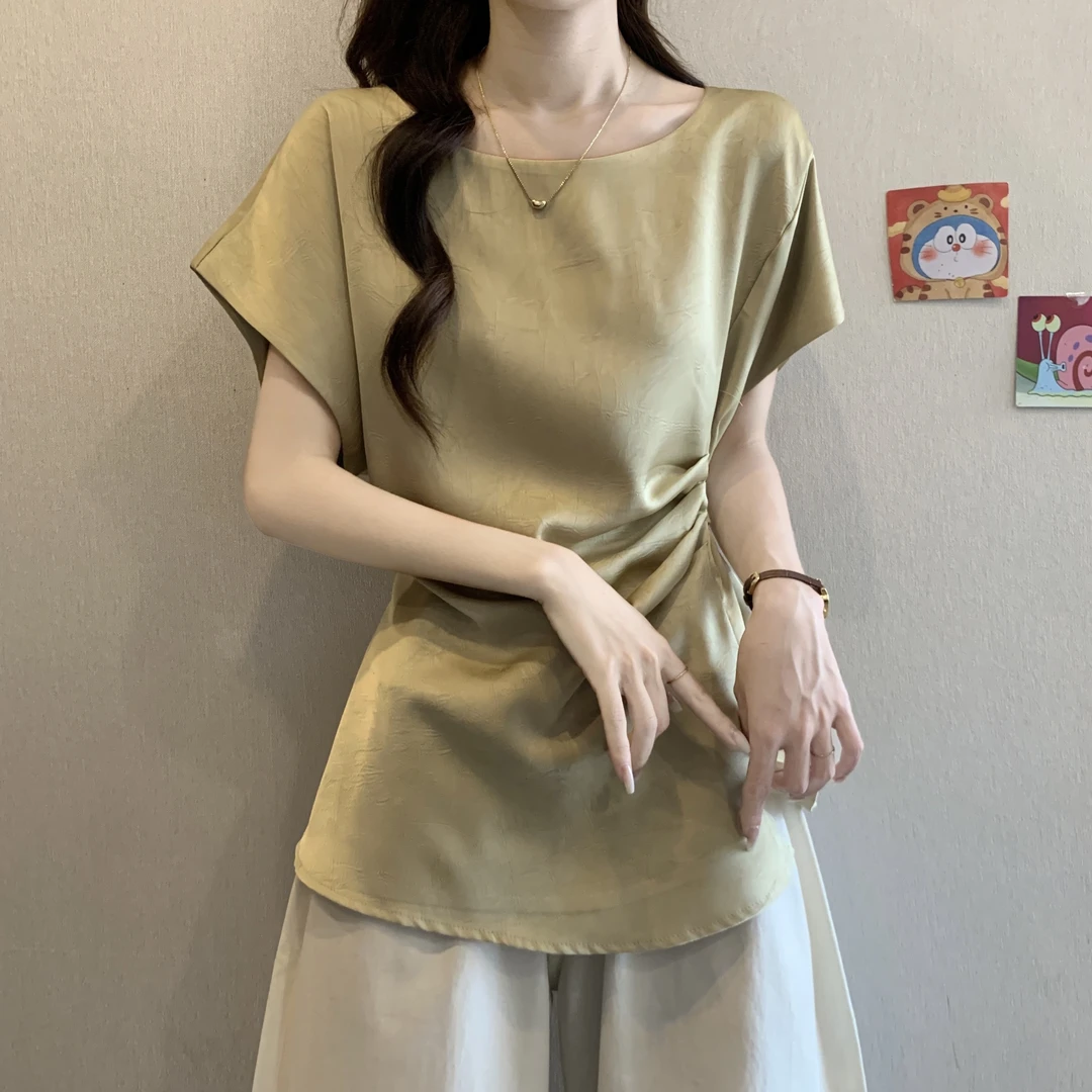 高级感醋酸缎面小飞袖正肩短袖衬衫女2025夏新款大码胖mm掐腰上衣