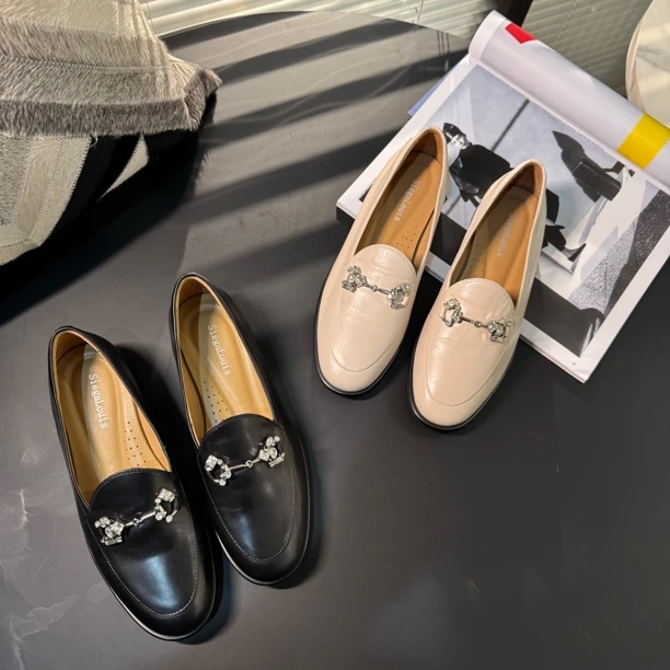 EM2025春夏款新款真皮一脚蹬休闲平底英伦风乐福鞋