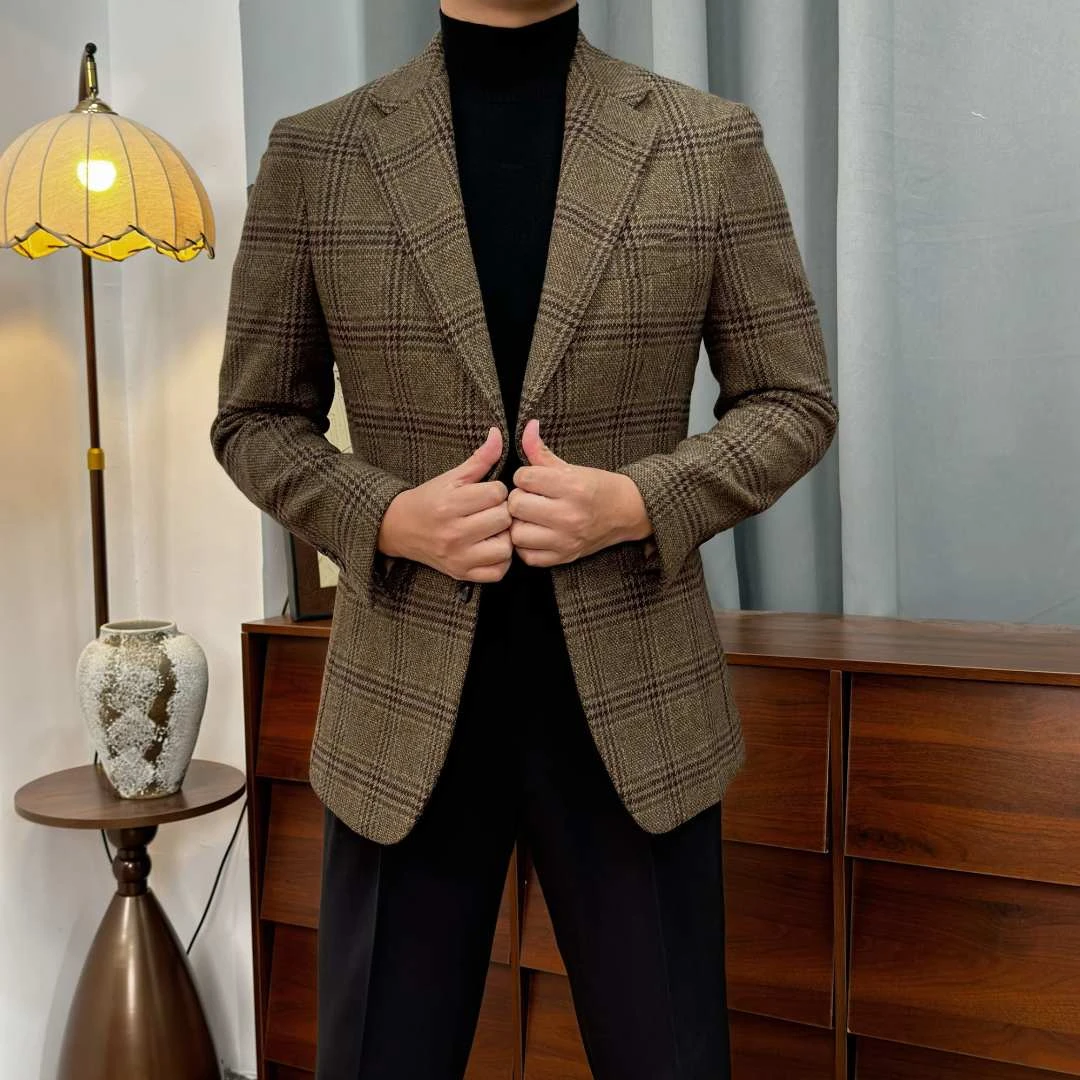秋冬重磅复古对格纹亲王格羊毛男士时尚修身绅装男西服-6406休闲