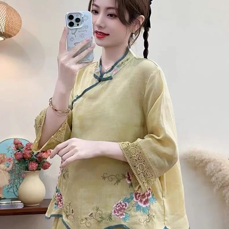 【清货+运费险】棉麻复古中式刺绣斜襟民族衬衫盘扣七分茶服Y347