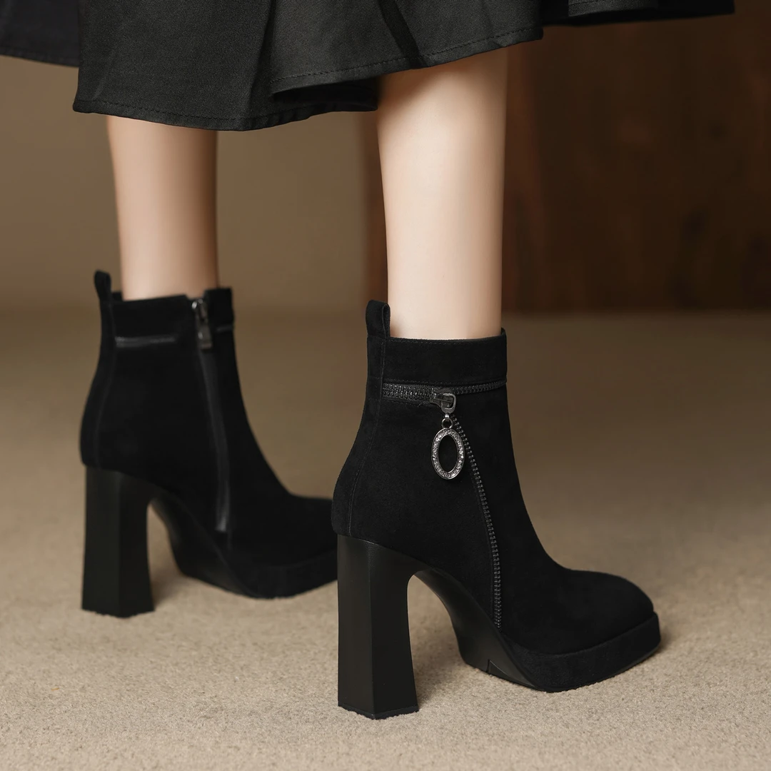 10cm粗跟短靴小个子防水台高跟时装靴方头简约单靴冬季加绒女靴子