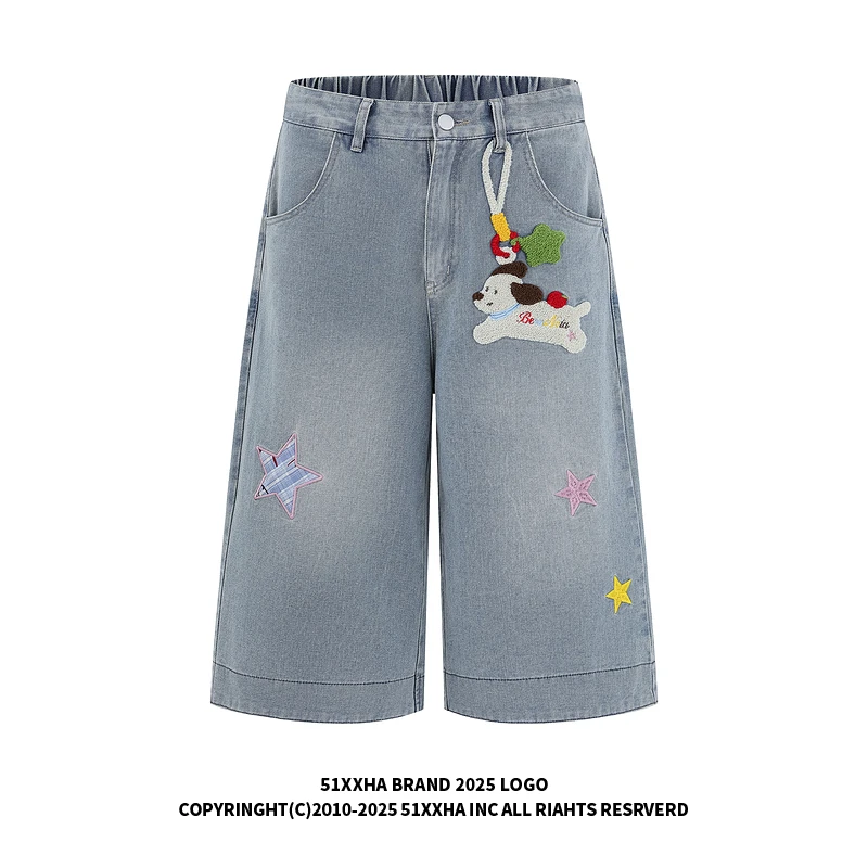 51嘻哈美式可爱小狗植绒贴布牛仔短裤男女夏季街头宽松阔腿七分裤