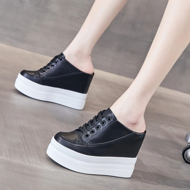 【萝莉公主12cm增高】真皮包头半拖鞋女夏2025新款时尚外穿厚底坡跟