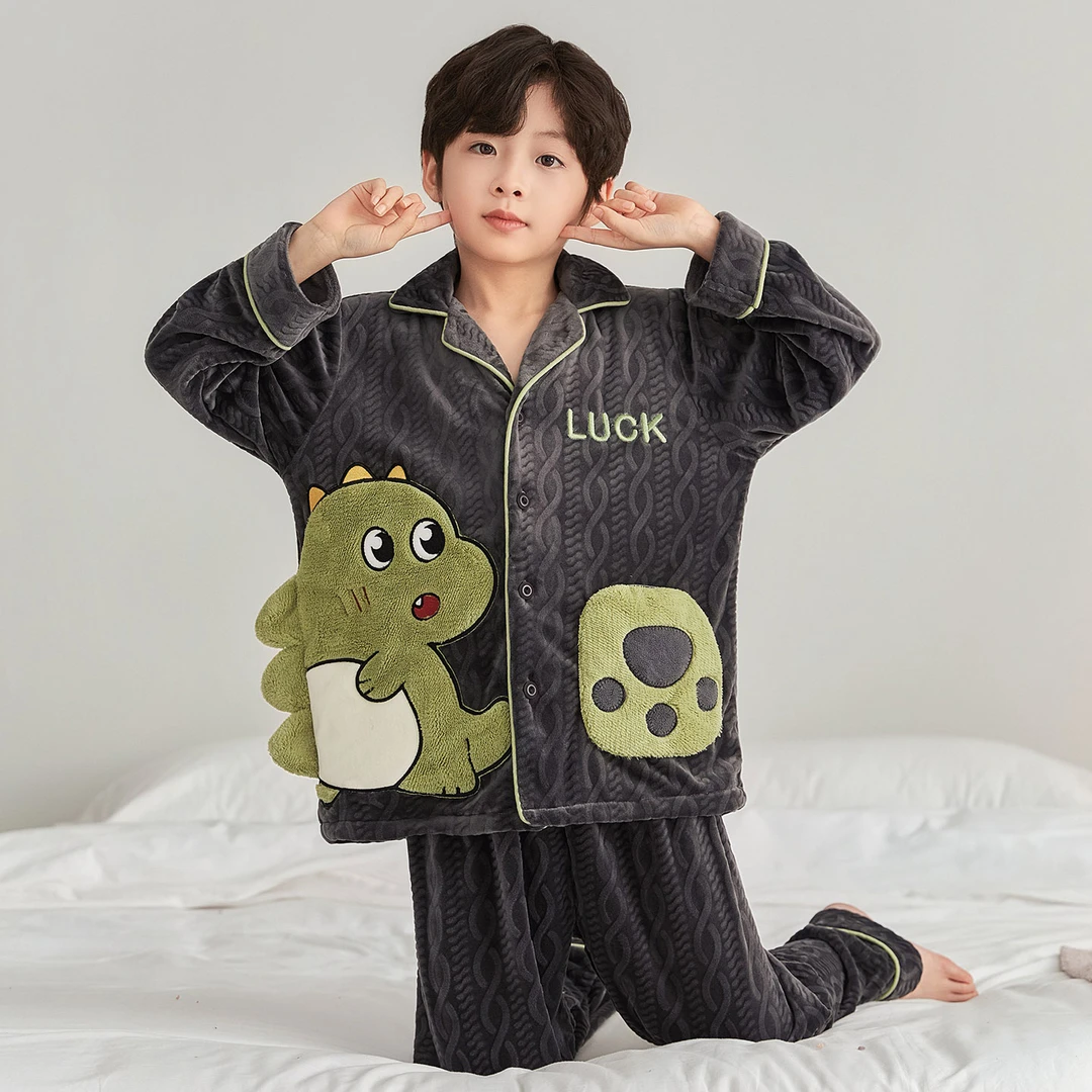 儿童睡衣秋冬季海岛绒男童保暖中大童珊瑚绒男孩法兰绒开衫套装