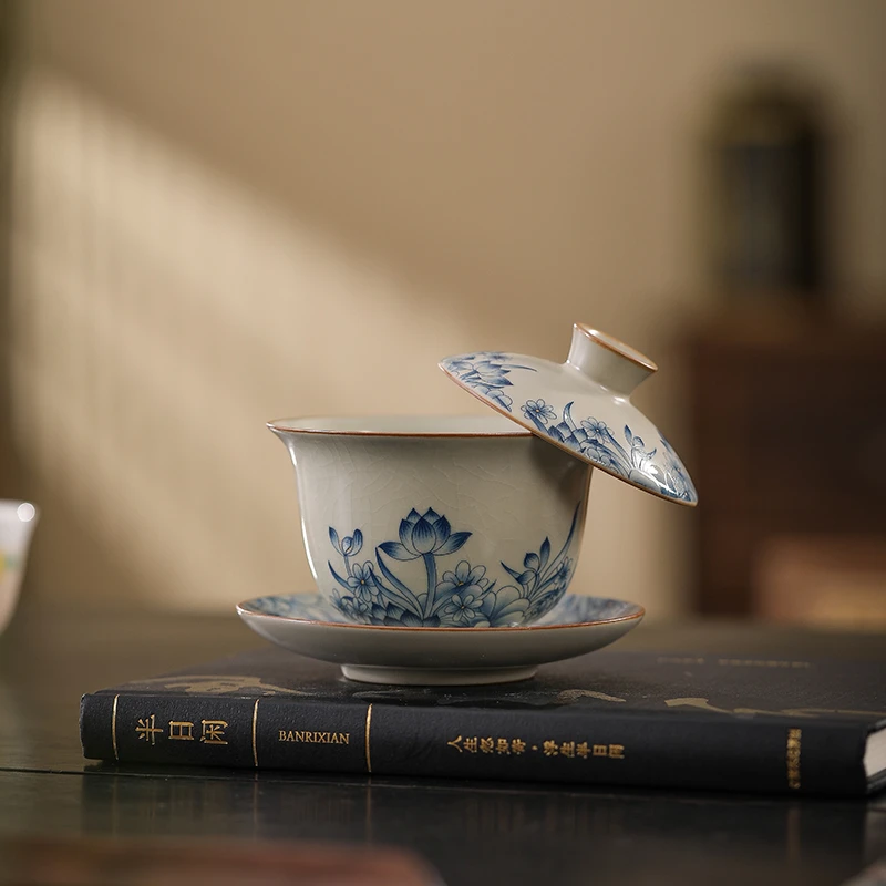 汝窑三才盖碗家用不烫手高档陶瓷功夫茶具泡茶杯中式茶盖碗可悬停