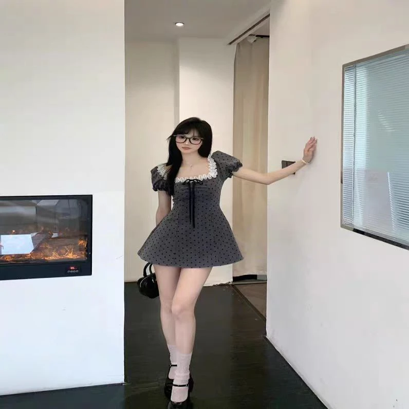 大码女装高干文女主灰色波点植绒小A摆收腰连衣裙11712