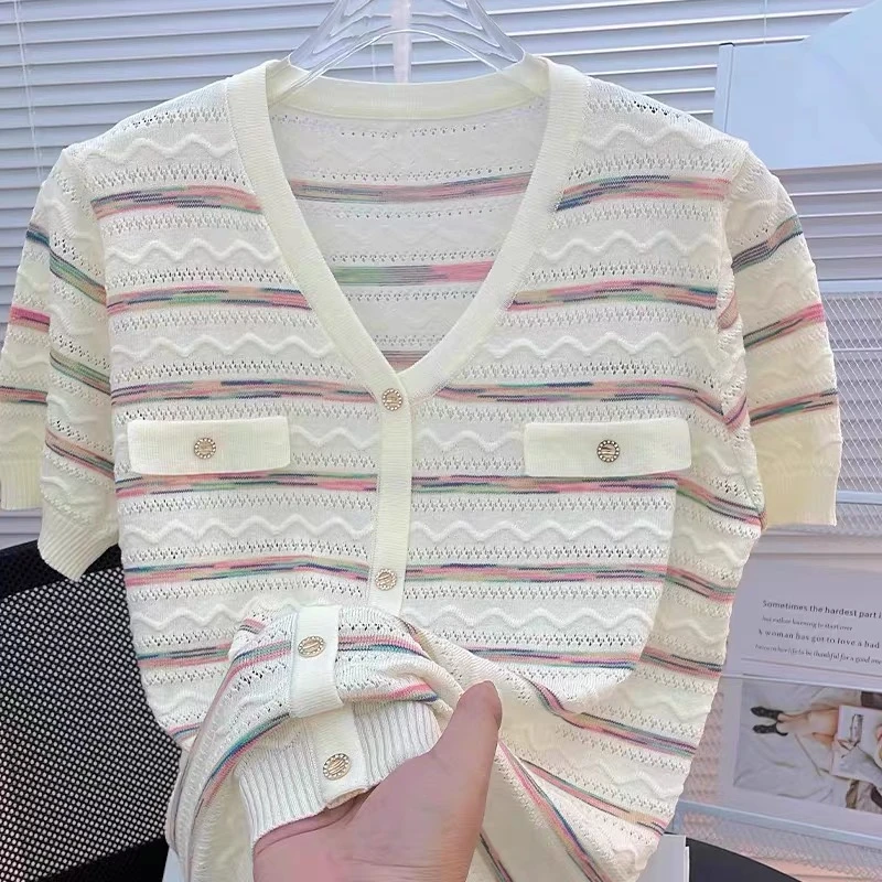 【波浪撞色假开衫 】薄款针织短袖B201