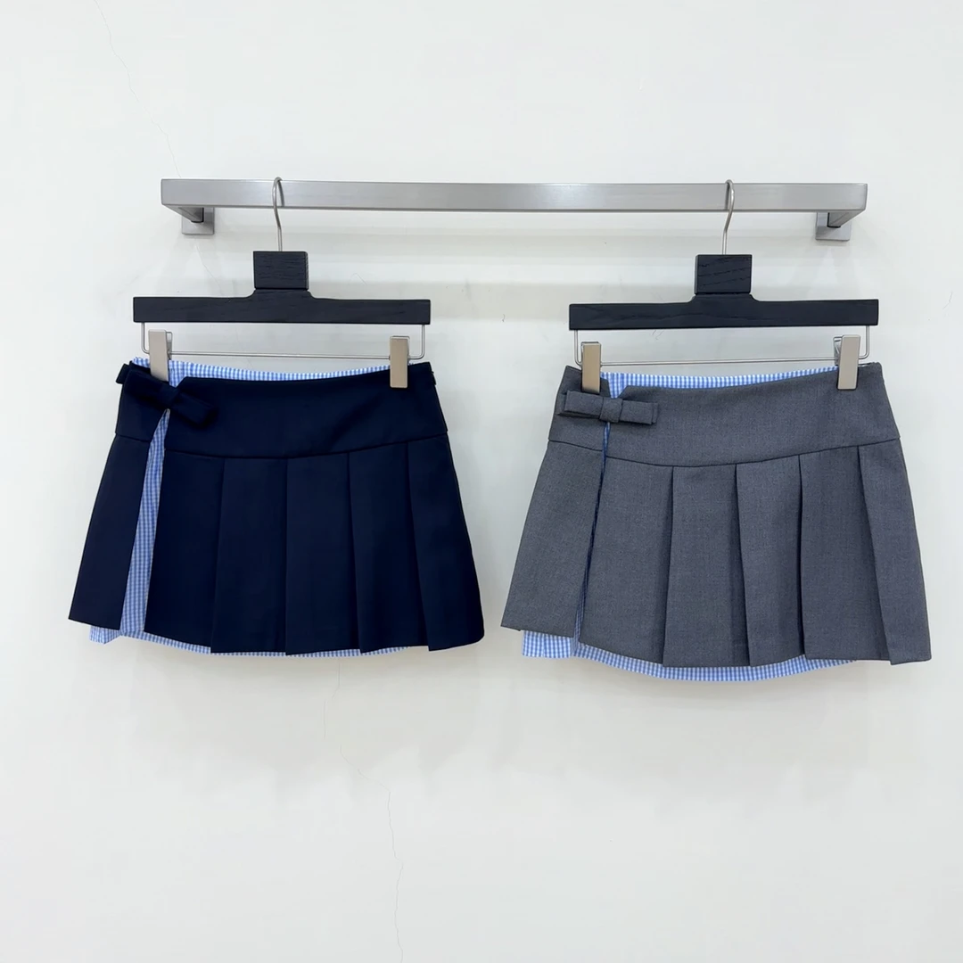 【西西高定】气质学院风蝴蝶结装饰格纹拼接高腰百褶半身裙