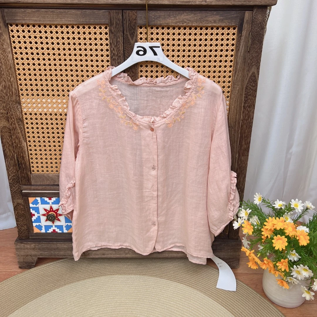 [076拍这里]复古国风刺绣印花苎麻小衫女2025夏新款上衣女休闲风