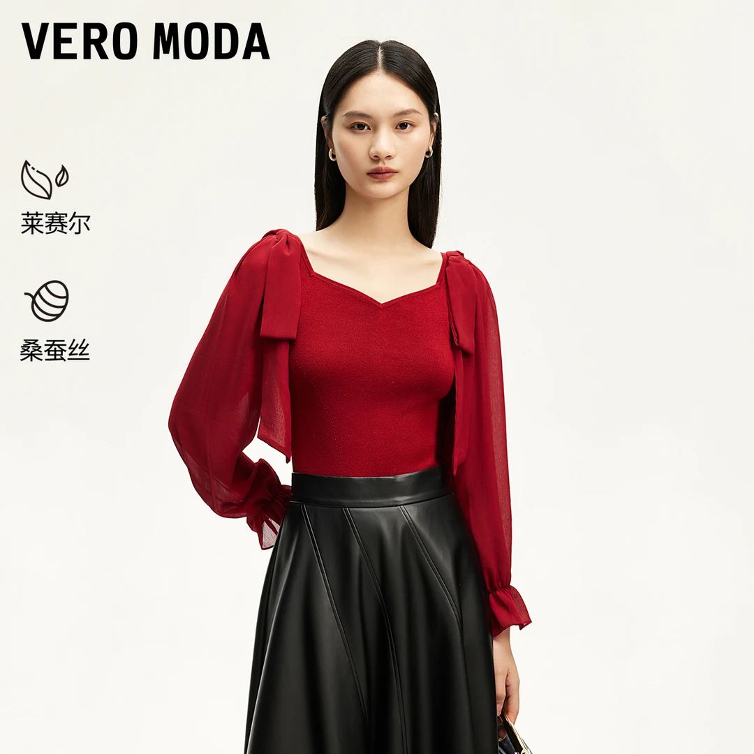 Vero Moda商场同款针织衫蝴蝶结飘带雪纺袖荷叶边流光风325124015