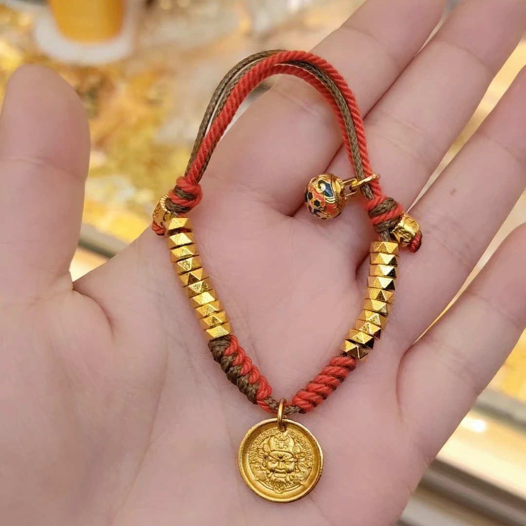铜合金涤纶手链 藏式手搓棉金色手工编绳串珠编织黄财神牌牌手链
