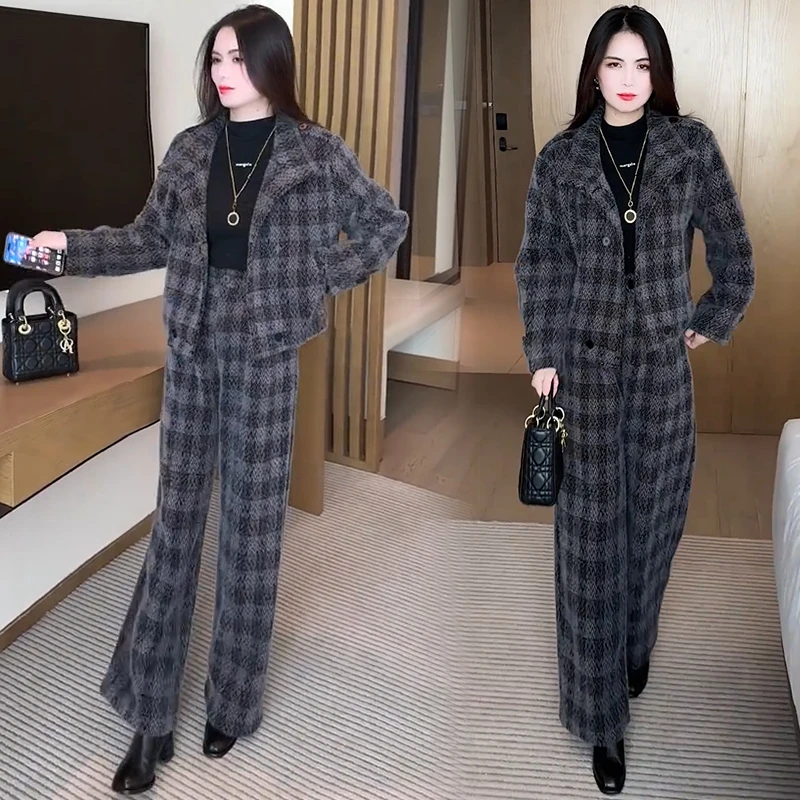 2025秋冬新款洋气显瘦短外套阔腿裤气质减龄两件套时尚格子套装女