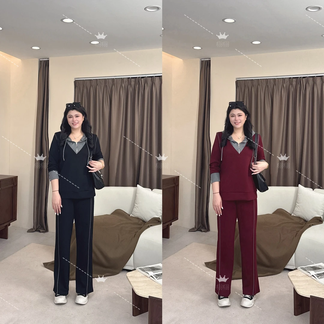 【栩栩早秋套装】PDM22486+22487秋季新款假两件大码女装长袖套装