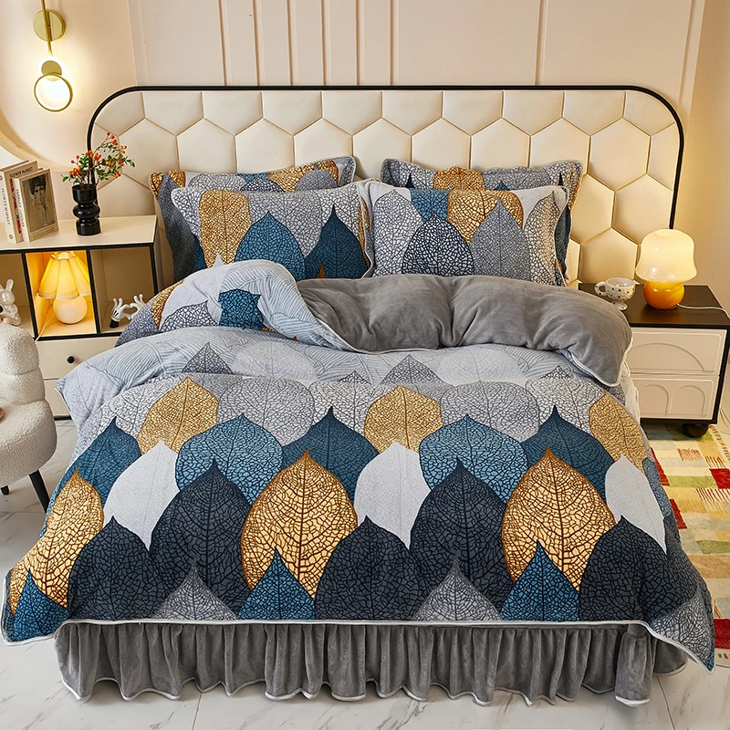 升级款秋冬床裙加绒加厚绒印花牛奶绒四件套枕套随机