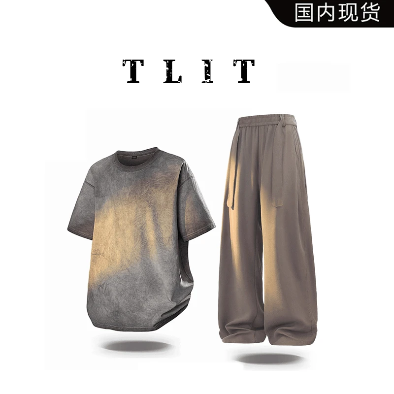 【品牌现货】TLIT美式复古水洗做旧短袖T恤套装男款夏季休闲两件套