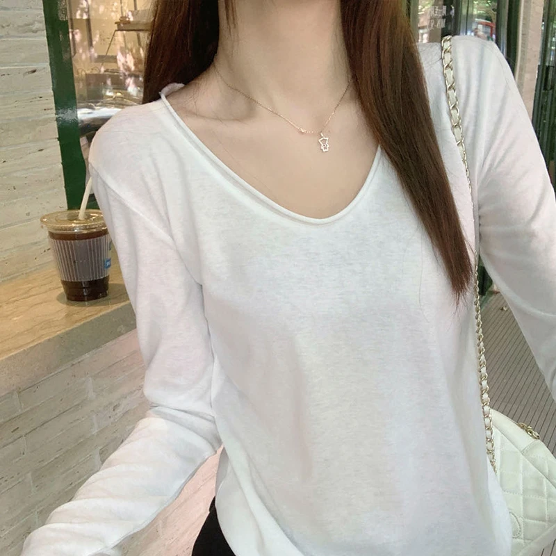 白色V领长袖T恤女2025早秋季新款打底衫慵懒松弛感气质上衣