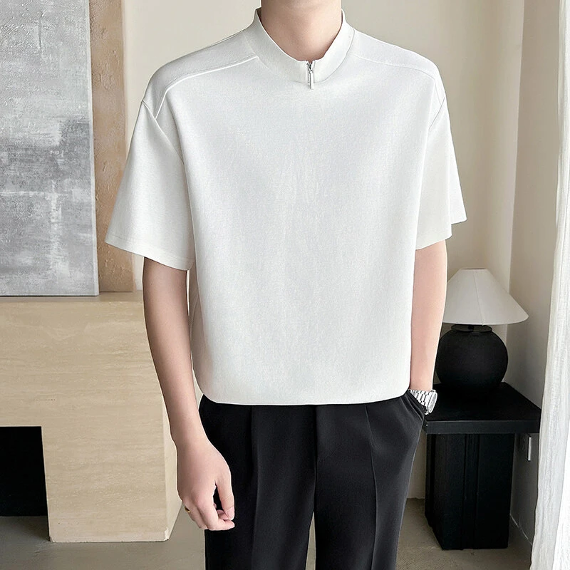 果冻棉短袖男t恤爆款夏季2025新款小立领半袖痞帅高级感男装T恤衫