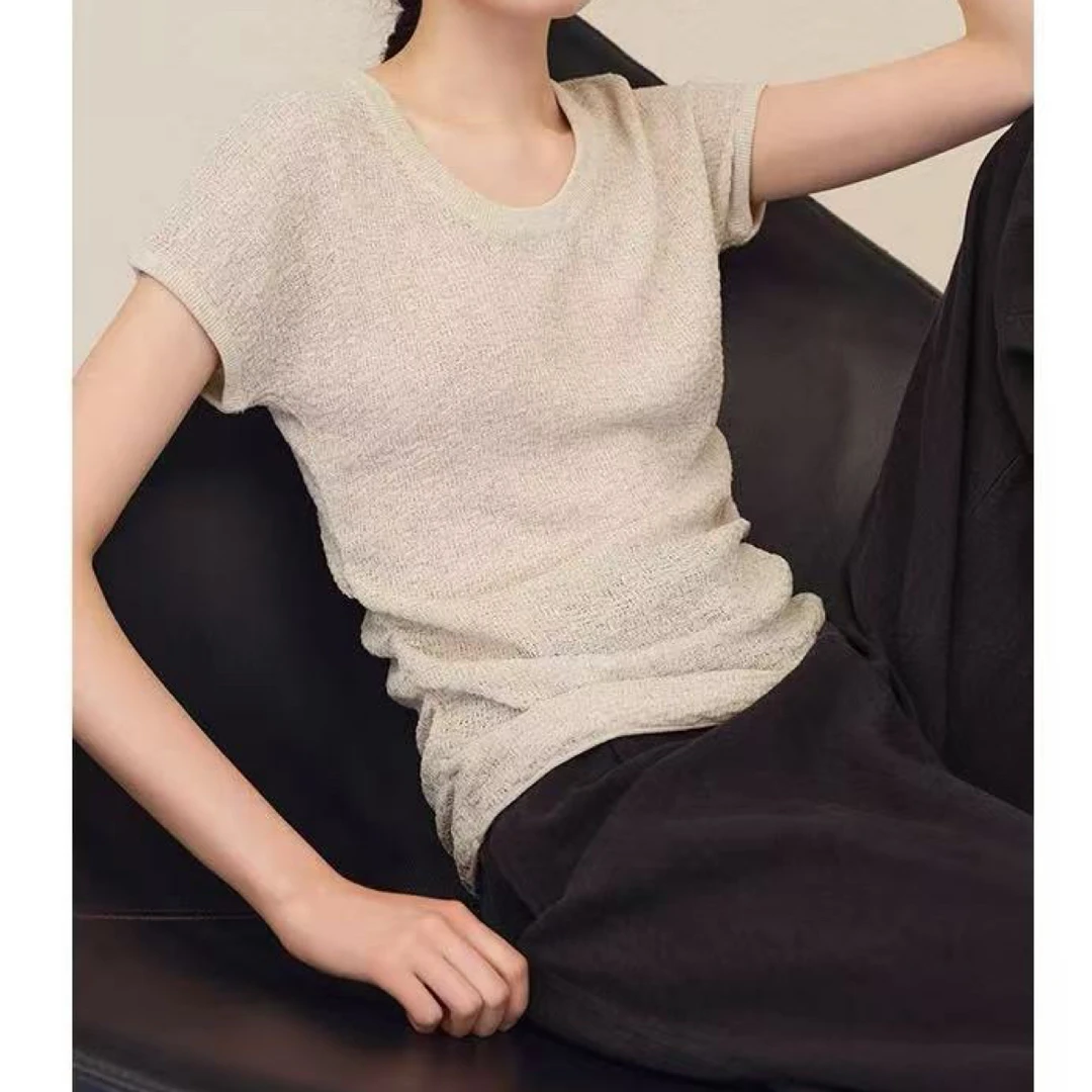 收腰针织T恤极简休闲圆领短袖上衣女4356