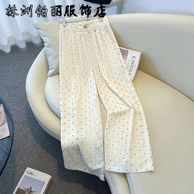 波点冰丝阔腿裤女夏季薄款2025新款垂感宽松凉凉显瘦分直筒裤子