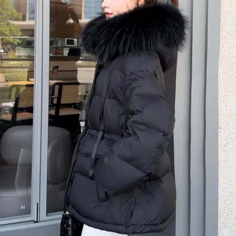 2025冬季新款女士保暖休闲连帽棉服时尚韩系百搭大毛领棉衣外套潮