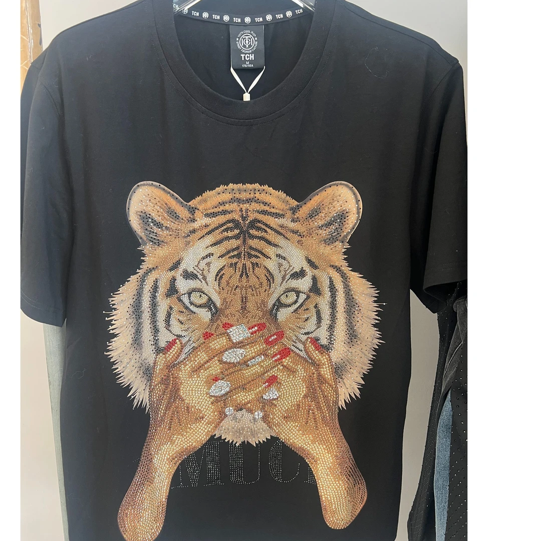 TCH时尚潮流重工烫钻老虎T恤T69C10E6003