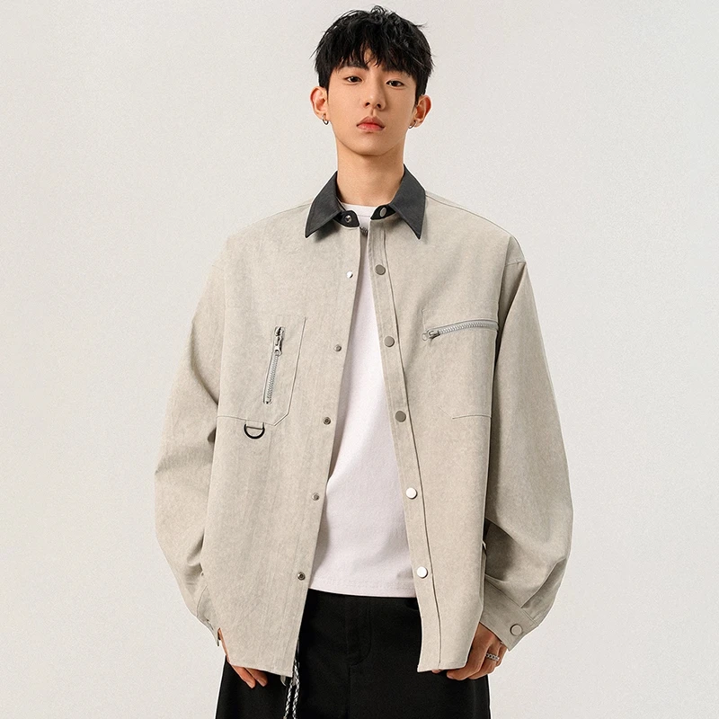 巴恩风撞色翻领外套男春秋季美式宽松防风夹克男士帅气百搭机车服