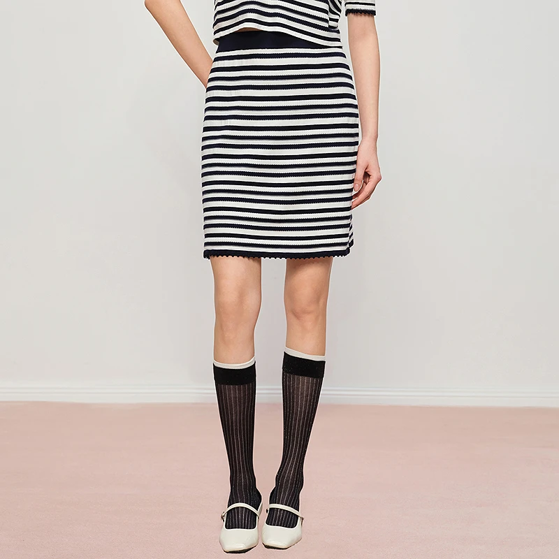 【天丝绢丝棉】条纹针织半身裙含桑蚕丝DOUBLOVE贝爱2025夏季新款
