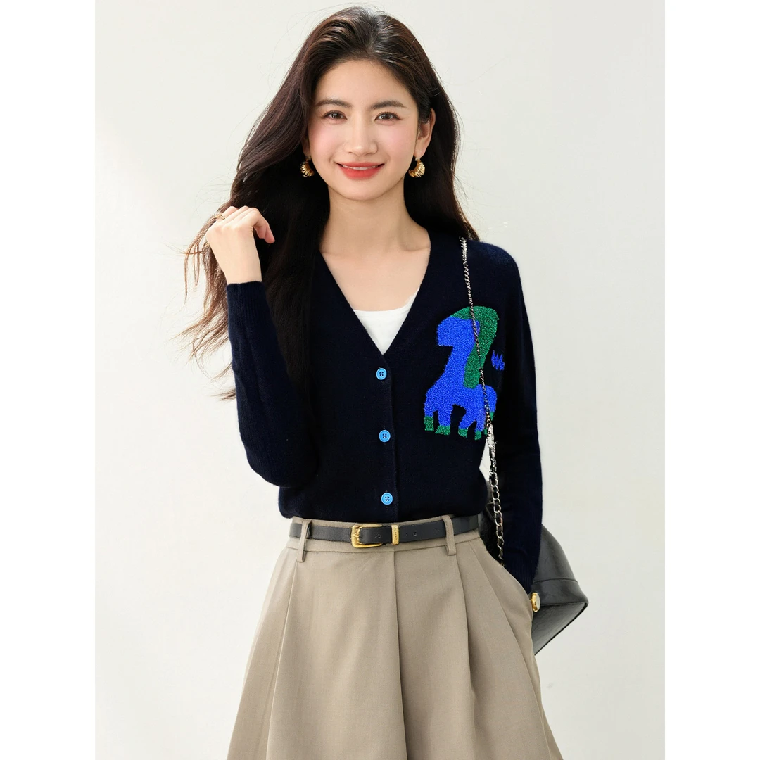 实拍◆2025秋针织开衫女纯羊绒衫高端秋v领上衣早秋刺绣毛衣外套